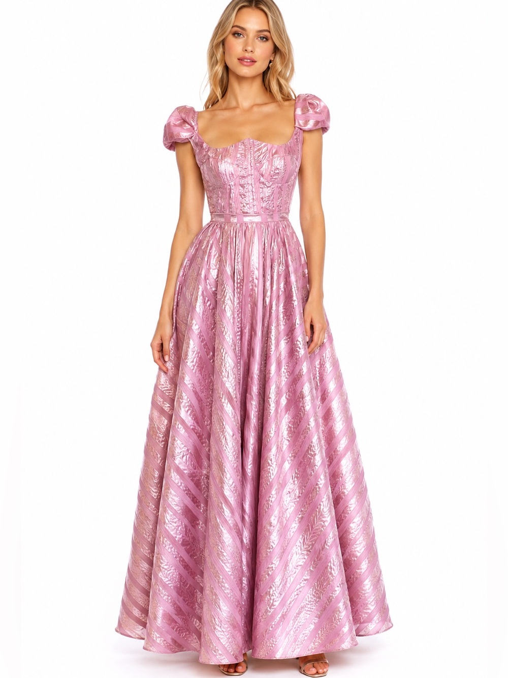 Blush rose pink satin stripe corset open back bow shoulder gown
